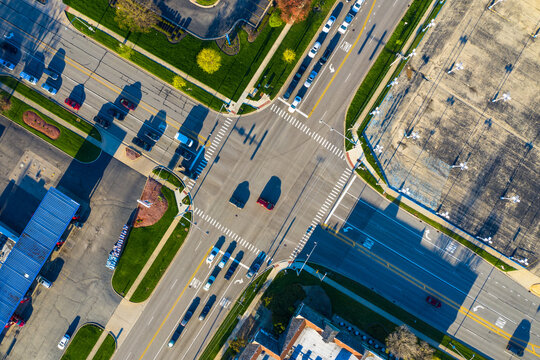 Aerial view of a busy junction road with vehicles in Chicago, Illinois. United States of America.