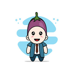 Cute businessman character wearing eggplant costume.