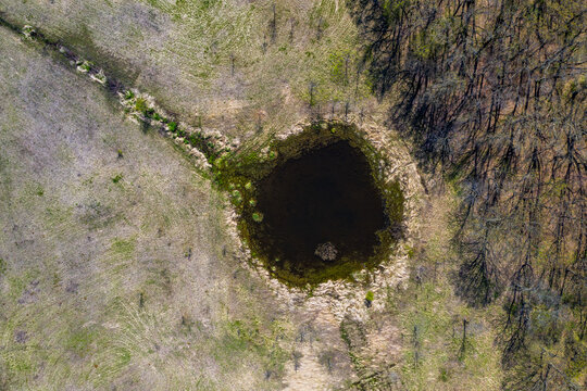 Aerial view of a small lake with trees in Morton Arboretum park in Downers Grove, Chicago, Illinois, United States of America.
