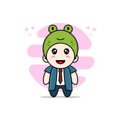 Cute businessman character wearing frog costume.