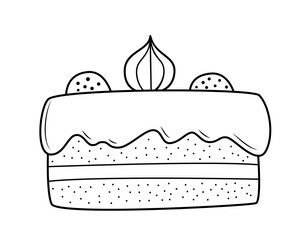 A cake of two biscuits with a layer and cream on top, decorated with meringues and marmalade. Black and white hand-drawn isolated outline drawing on a white background. Doodle.