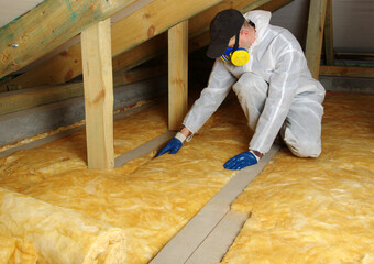 Man installing thermal insulation layer under the roof