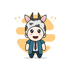 Cute businessman character wearing cow costume.