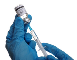 Coronavirus vaccine COVID-19 in glass bottle in  doctor hand
