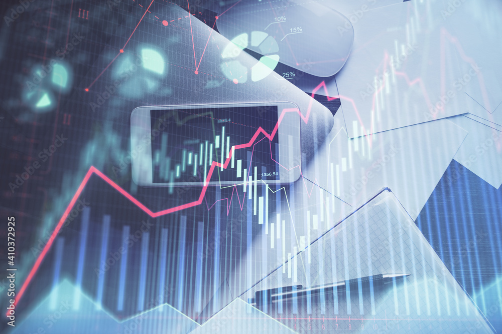 Poster Multi exposure of forex graph hologram over desktop with phone. Top view. Mobile trade platform concept.