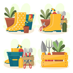 A set of garden tools. Four compositions with rubber boots, shovels, bucket, pruning shears, flower pot. Gardening concept. Vector illustration in cartoon style