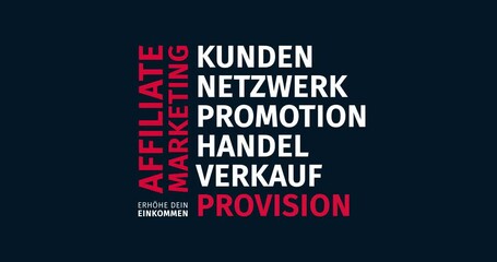 Affiliate Marketing. Erhöhe dein Einkommen. Animierte Schlagwortwolke. Kinetische Text Animation.