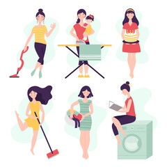 Fototapeta premium Set of women in different home work on white background. Housewives for washing, cleaning, ironing, with a mop and vacuum cleaner. Vector illustration in flat style