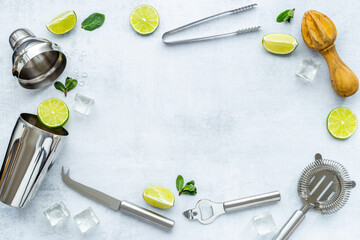 Flat lay frame of bar accessories and ingredients for mojito cocktail