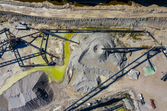 Aerial view of Vulcan Material company yard along the Des Plaines rive in Lemont near Chicago, Illinois, United States of America.