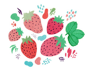 Strawberry. Bright, multi-colored garden berries. Leaves, abstract elements, dots pattern. Set of elements. Hand-drawn. Isolated on a white background. For seasonal designs, cards, backgrounds, prints