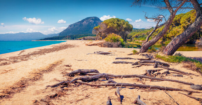Captivating morning view of Osala Beach. Spectacular summer scene of Sardinia island, Italy, Europe. Wonderful seascape of Mediterranean sea. Traveling concept background.