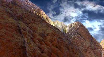 Mountains in a 3d fractal against a background with earthly sky. 3d fractal graphic, part of a huge fractal, calculated with Mandelbulb 3D program, JPEG Grafik