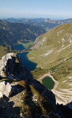 View from the Lachenspitze to the Traualpsee and Vilsalpsee in the Tannheimer Tal in Austria