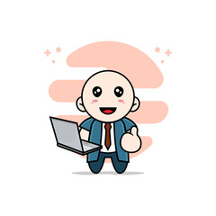 Cute businessman character holding laptop.