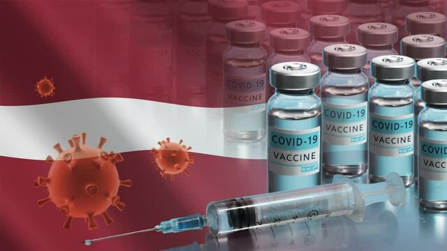 Latvia to launch COVID-19 vaccination campaign. Coronavirus vaccine vials, Covid 19 cells and flag of Latvia. Fighting the epidemic. Research and creation of a vaccine. Seamless loop video.