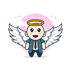 Cute businessman character wearing angel costume.