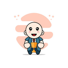 Cute businessman character holding trophy.