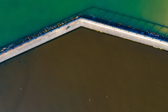 Aerial view of Michigan city east Pierhead Lighthouse In Chicago facing the Lake Michigan, United States of America.