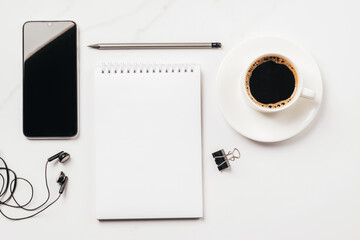 Notepad blank for to-do list or goals coffee cup office supplies stationery