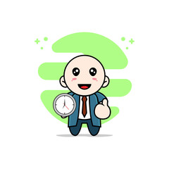 Cute businessman character holding a wall clock.