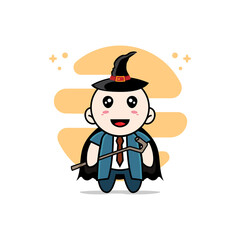 Cute businessman character wearing witch costume.