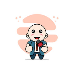 Cute businessman character holding a microphone.