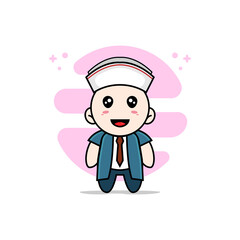 Cute businessman character wearing nanny costume.