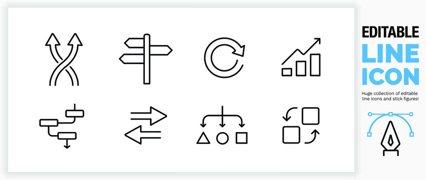 Editable line icon set of change, direction and result