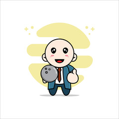 Cute businessman character holding a bowling ball.