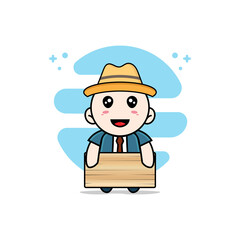 Cute businessman character holding a wooden board.