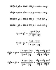 Trigonometric formulas for converting a sum into a product. Education, getting classes, school program Higher mathematics. Handwritten math text. Isolated.