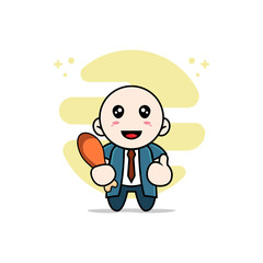 Cute businessman character holding a chicken meat.