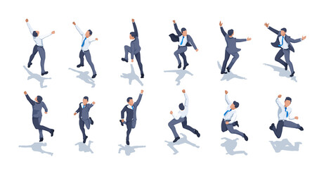 Fototapeta na wymiar isometric vector image on a white background, a man in business clothes joyfully jumps up with his fist raised, jubilant man set
