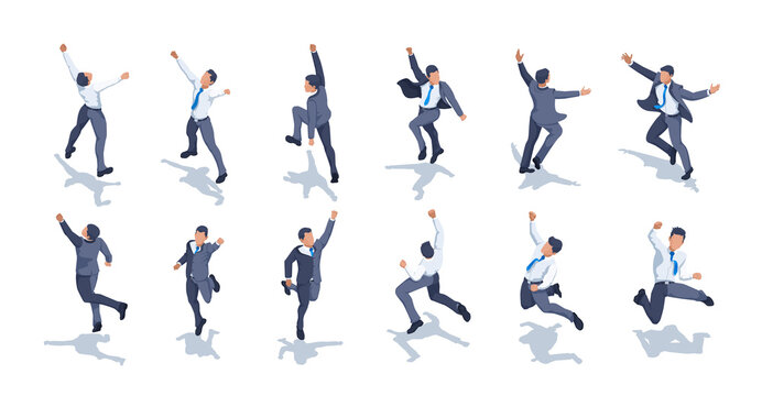 isometric vector image on a white background, a man in business clothes joyfully jumps up with his fist raised, jubilant man set