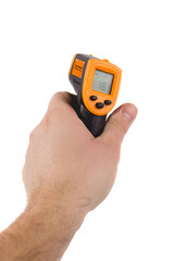A man holds a yellow-black pyrometer. A device for non-contact temperature measurement. Studio photo of the subject isolated on white background.