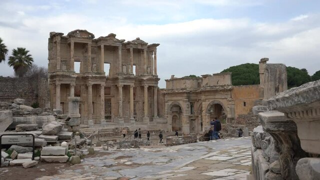 Selcuk, Ephesus, Turkey - January 2021: View of the ruins of the ancient Greek city of Ephesus near Selcuk. Ruins of the ancient city. 