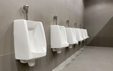 Men's white urinals design, Close up row of outdoor urinals men public toilet, Designing for men,...