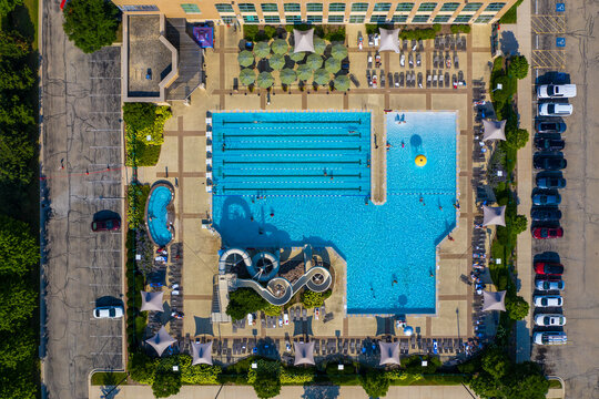 Aerial view of a swimming pool with slide in Romeoville near Chicago, Illinois, United States of America.