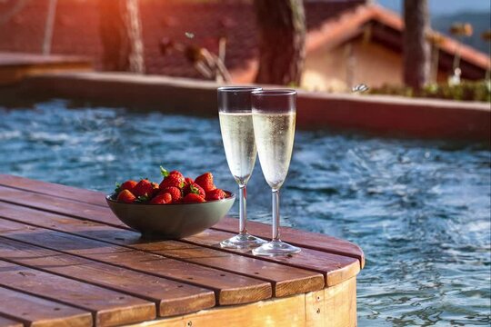 Animated photo with 3d effect. Two glass of cool champagne wine with a plate of strawberries outdoors in a pool side terrace in a sunny summer afternoon