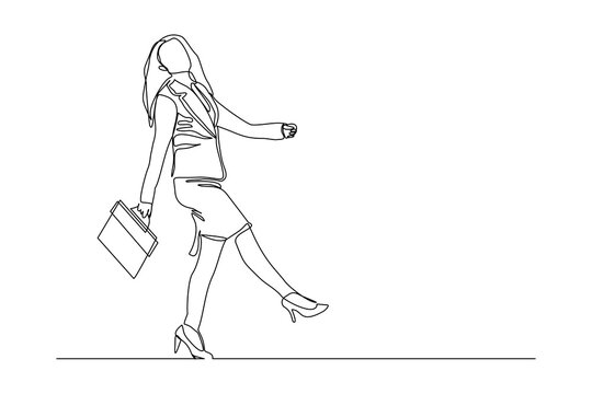 recommend clip art: Continuous line drawing of happy young business woman holding briefcase. Single one line art of office worker. Vector illustration