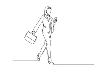 Continuous line drawing of happy young business woman holding briefcase. Single one line art of office worker. Vector illustration