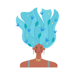 Portrait of girl with raised wavy hair decorated with many flowers. Floral hairpins. Woman with blooming hairstyle. Spring character. Beauty salon brochure, shampoo label, print for postcard. Vector