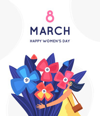 8 March. International Women's Day. Beautiful and joyful girl holding huge bouquet of flowers. Disproportionate body. Trendy character design. Spring holiday. Poster, invitation, banner. Vector