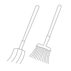 Gardening tools: pitchfork and broom. Simple vector linear illustration. For use in tekmatic headings, magazines, posts, articles 