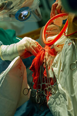 a surgeon performs an operation using a surgical microscope, close-up of a surgeon's hand with a tool.