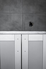 Lower custom kitchen cabinets installation with a furniture facades mdf. Gray modular kitchen from...