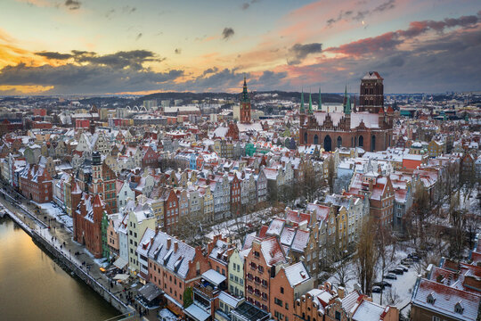 Aerial view of the old town in Gdansk city at winter sunset, Poland
