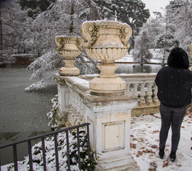 a girl enjoying alone the view of a lake of ducks with a big jugs and trees in a cold winter...