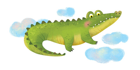 Children illustration of green cute crocodile. It is suitable for books, textiles, packaging and other children's products.